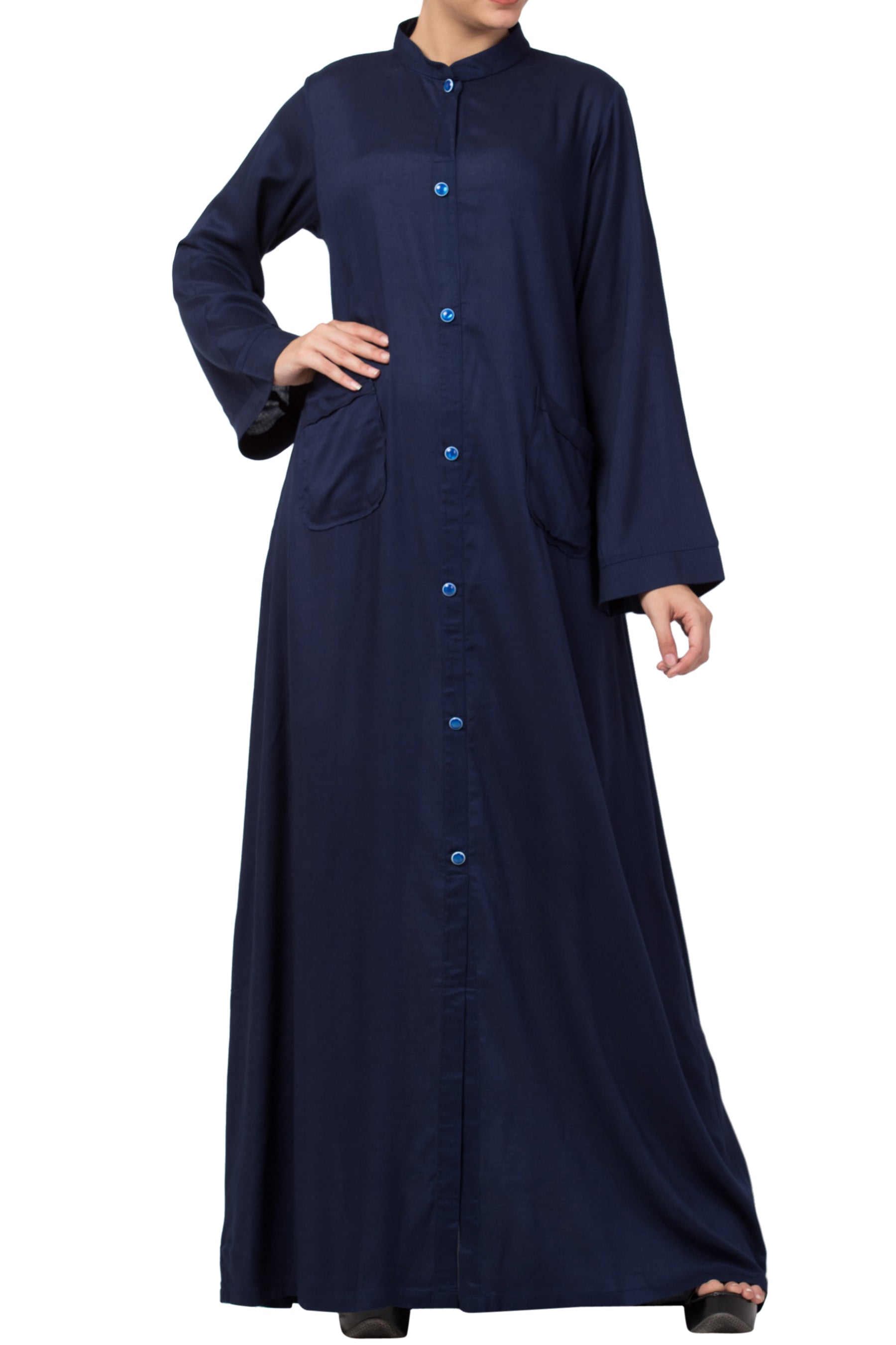 Bashariya Simple Front Open Abaya In Rayon Fabric With Pockets - NavyBlue
