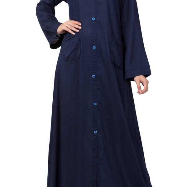 Bashariya Simple Front Open Abaya In Rayon Fabric With Pockets - NavyBlue