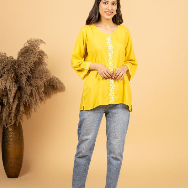 Gharana India Luxury Rayon Yellow Chikankari Top