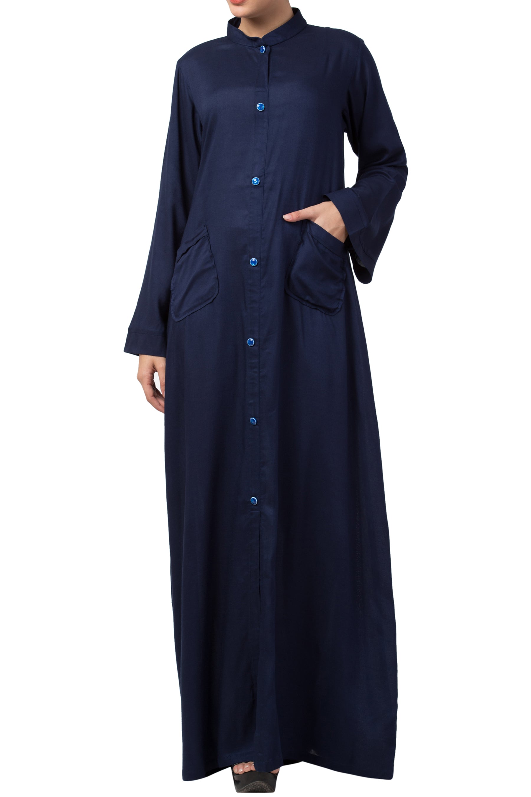 Bashariya Simple Front Open Abaya In Rayon Fabric With Pockets - NavyBlue - Distacart