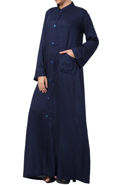 Bashariya Simple Front Open Abaya In Rayon Fabric With Pockets - NavyBlue - Distacart