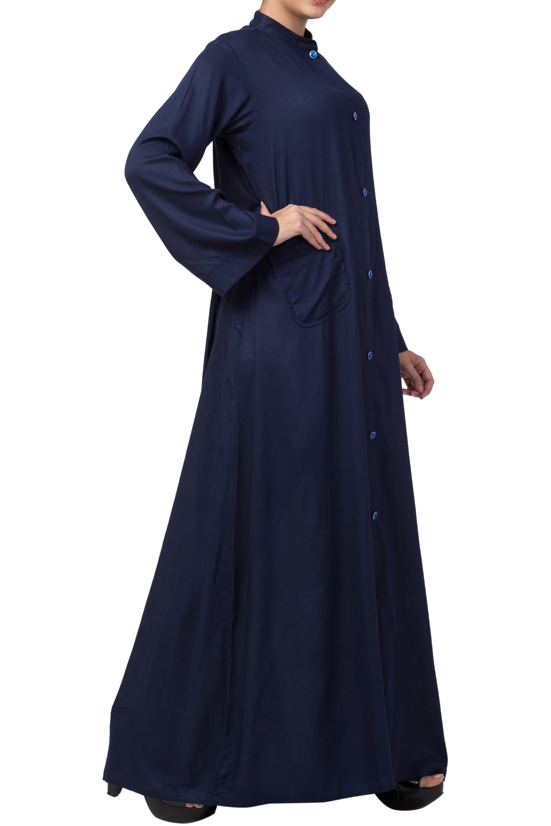 Bashariya Simple Front Open Abaya In Rayon Fabric With Pockets - NavyBlue