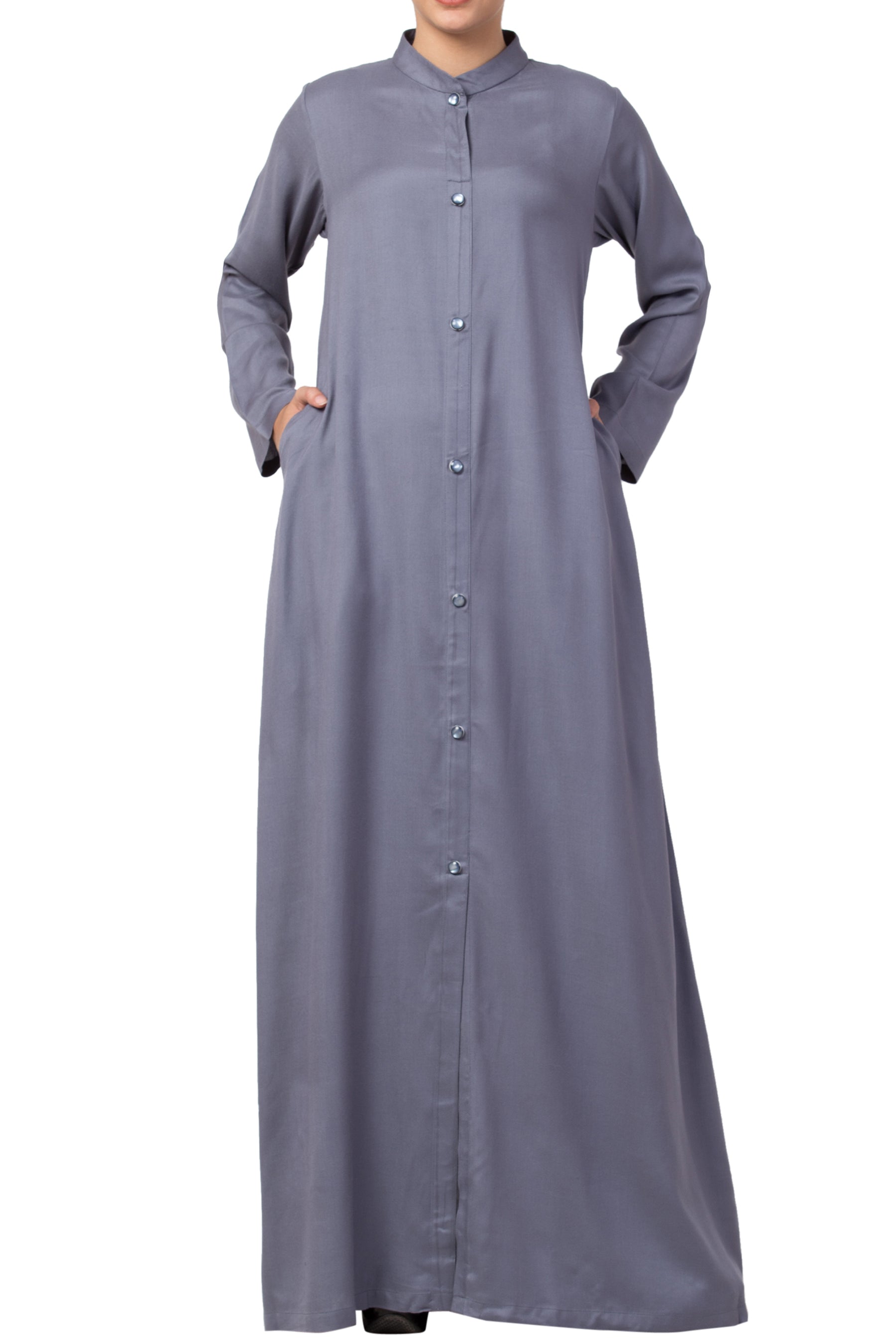 Bashariya Simple Front Open Abaya In Rayon Fabric With Pockets - Grey