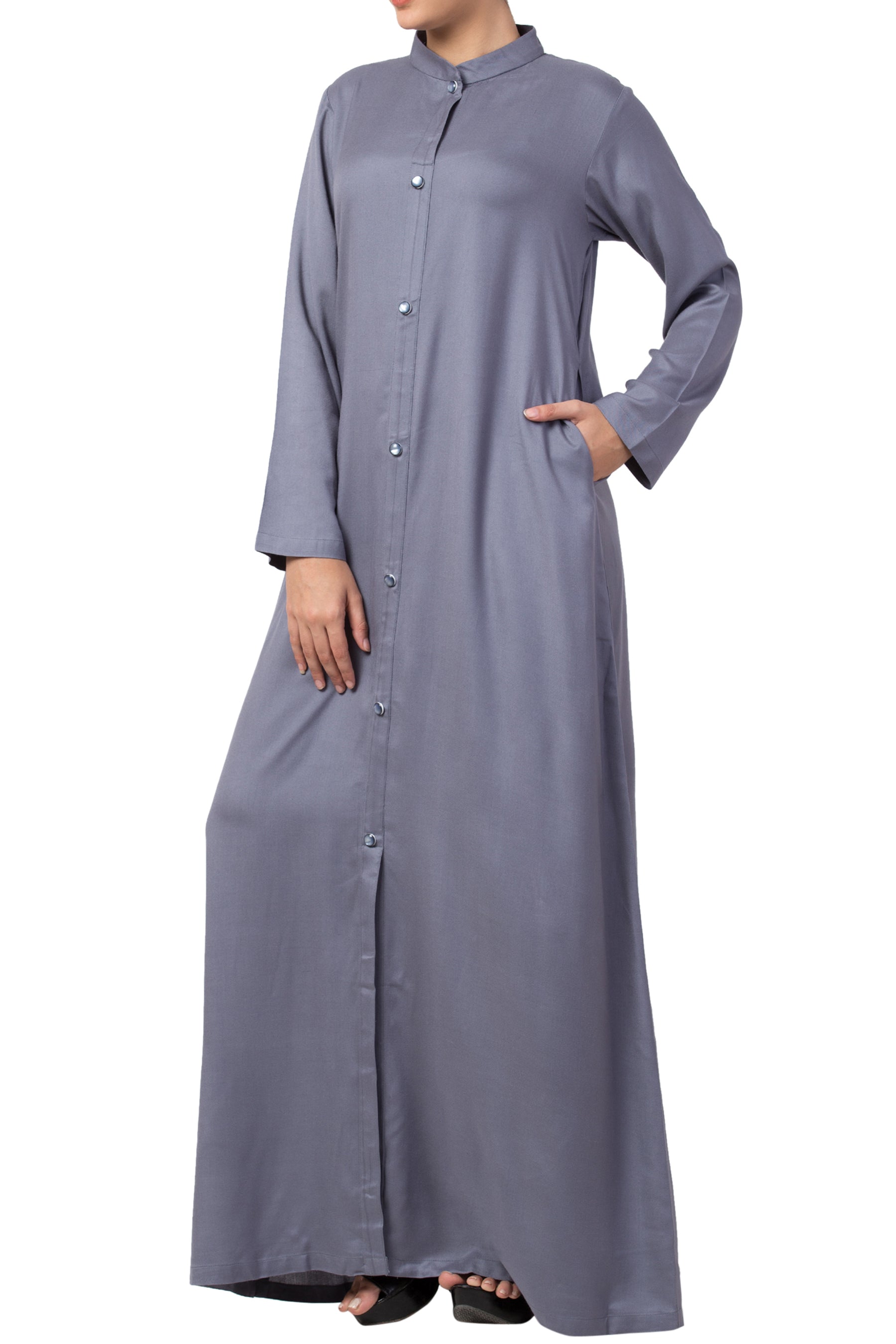 Bashariya Simple Front Open Abaya In Rayon Fabric With Pockets - Grey