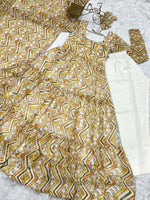 Thumbnail for Lorenvalley Fashion Yellow Pure Faux Georgette Zigzag Print Fully Flair Anarkali Pant With Dupatta - Yellow - Distacart