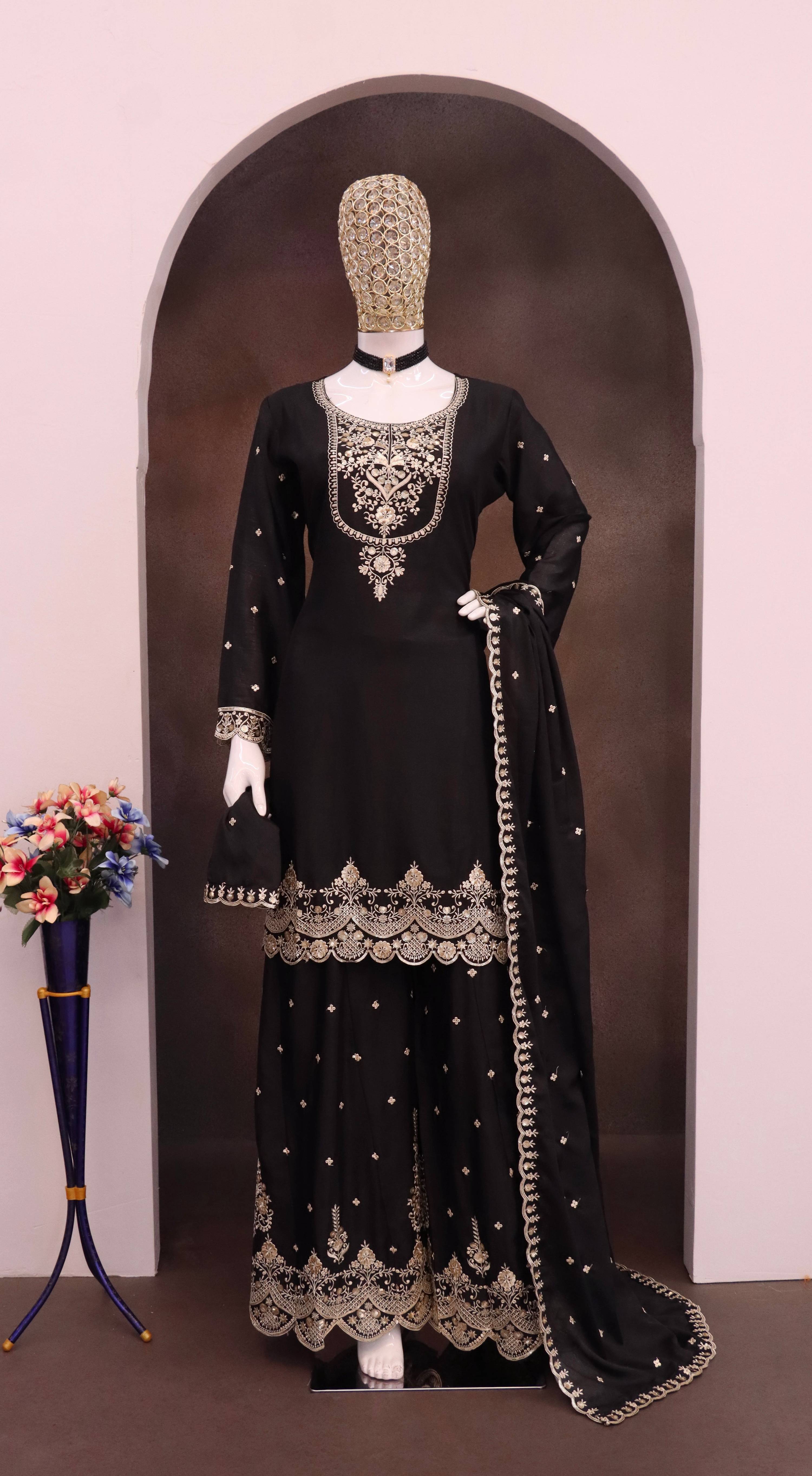Evanik Black Chiffon with Embroidery Sequence, Thread Work Palazzo Set