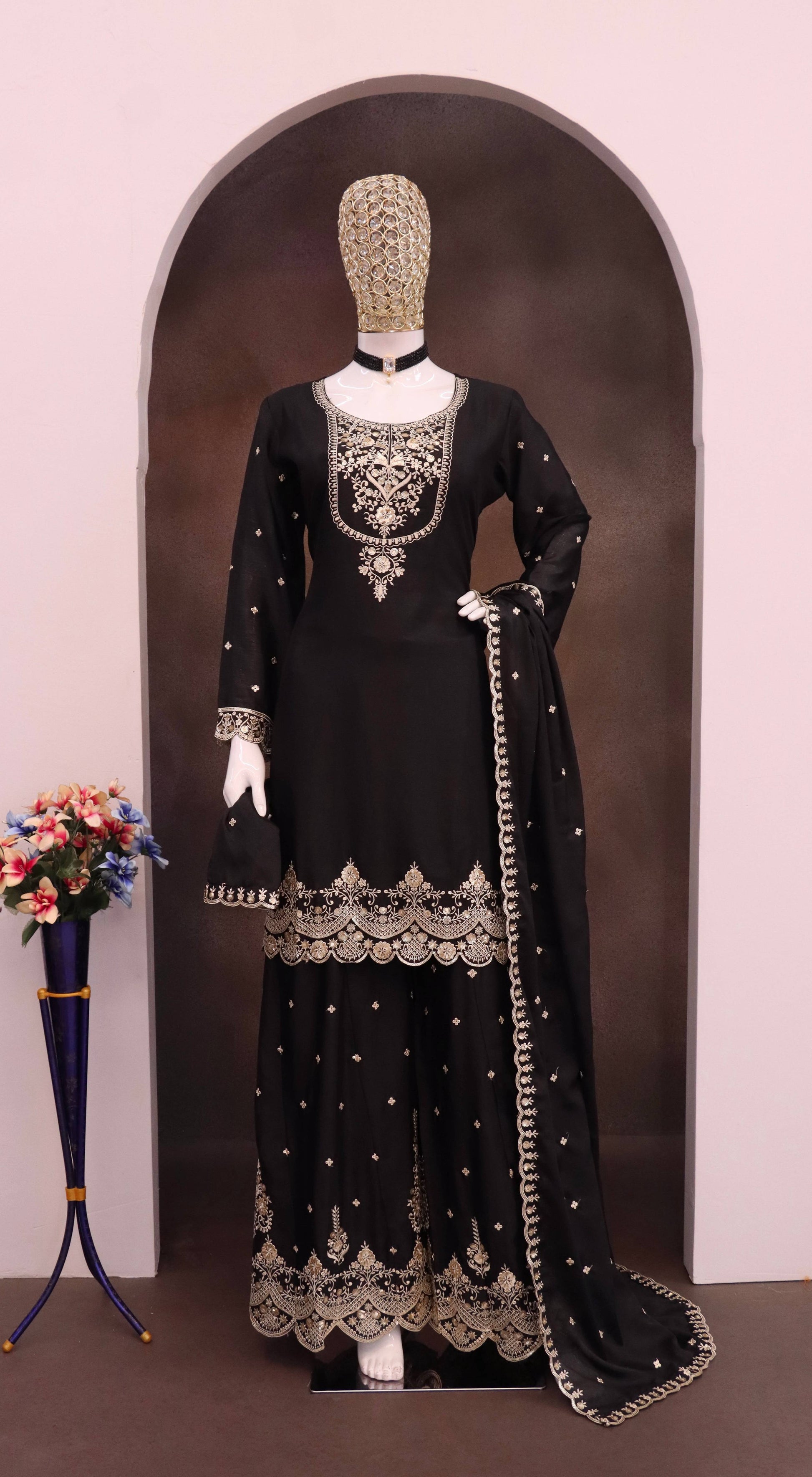 Evanik Black Chiffon with Embroidery Sequence, Thread Work Palazzo Set - Distacart