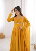 Thumbnail for Evanik Yellow Georgette Plain Fully Flair Gown Dupatta - Distacart