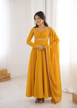 Thumbnail for Evanik Yellow Georgette Plain Fully Flair Gown Dupatta - Distacart