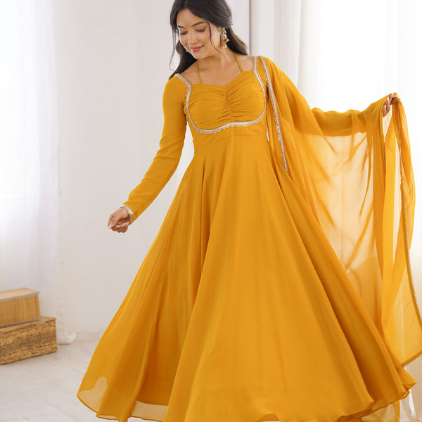 Evanik Yellow Georgette Plain Fully Flair Gown Dupatta - Distacart
