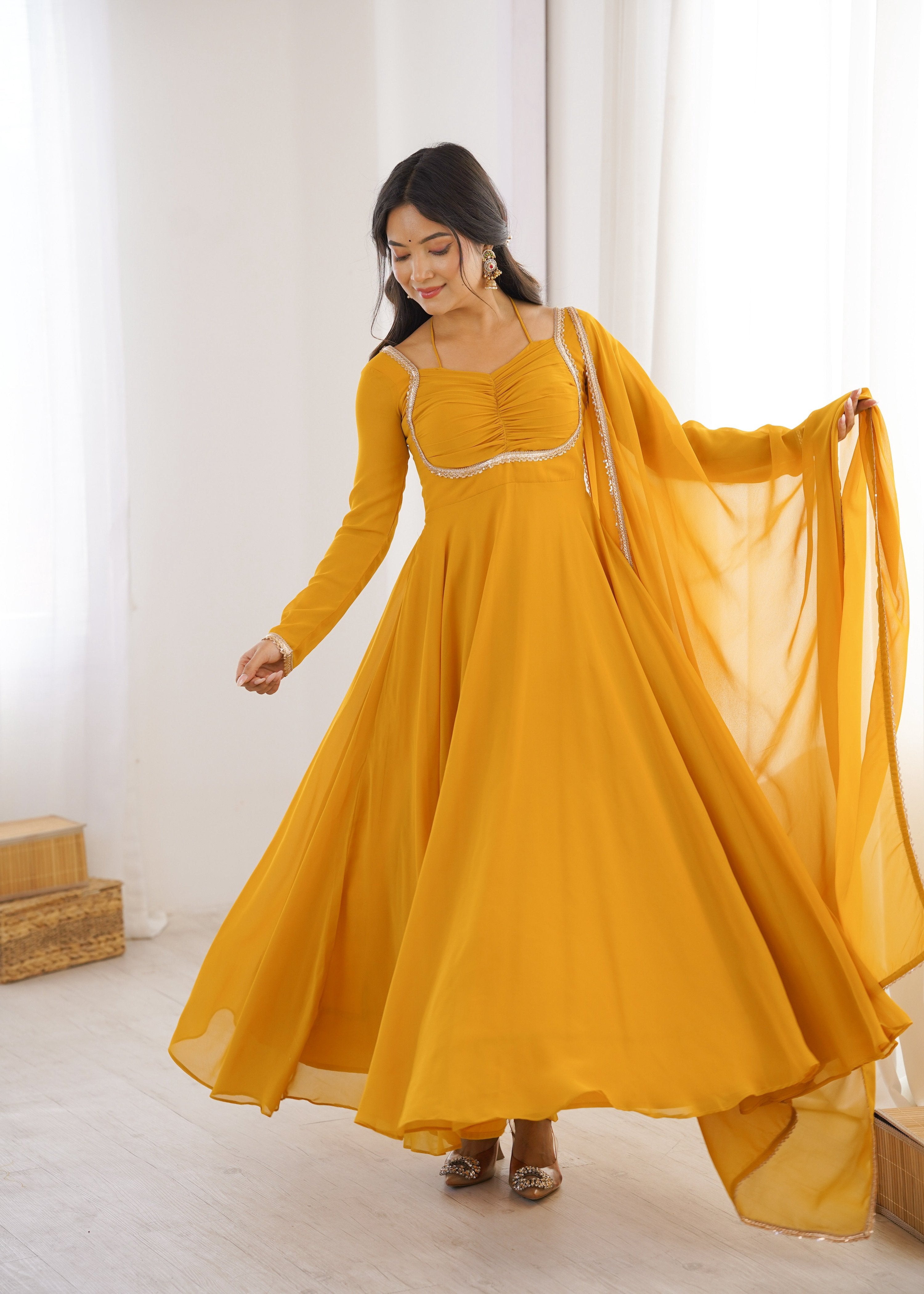 Evanik Yellow Georgette Plain Fully Flair Gown Dupatta - Distacart