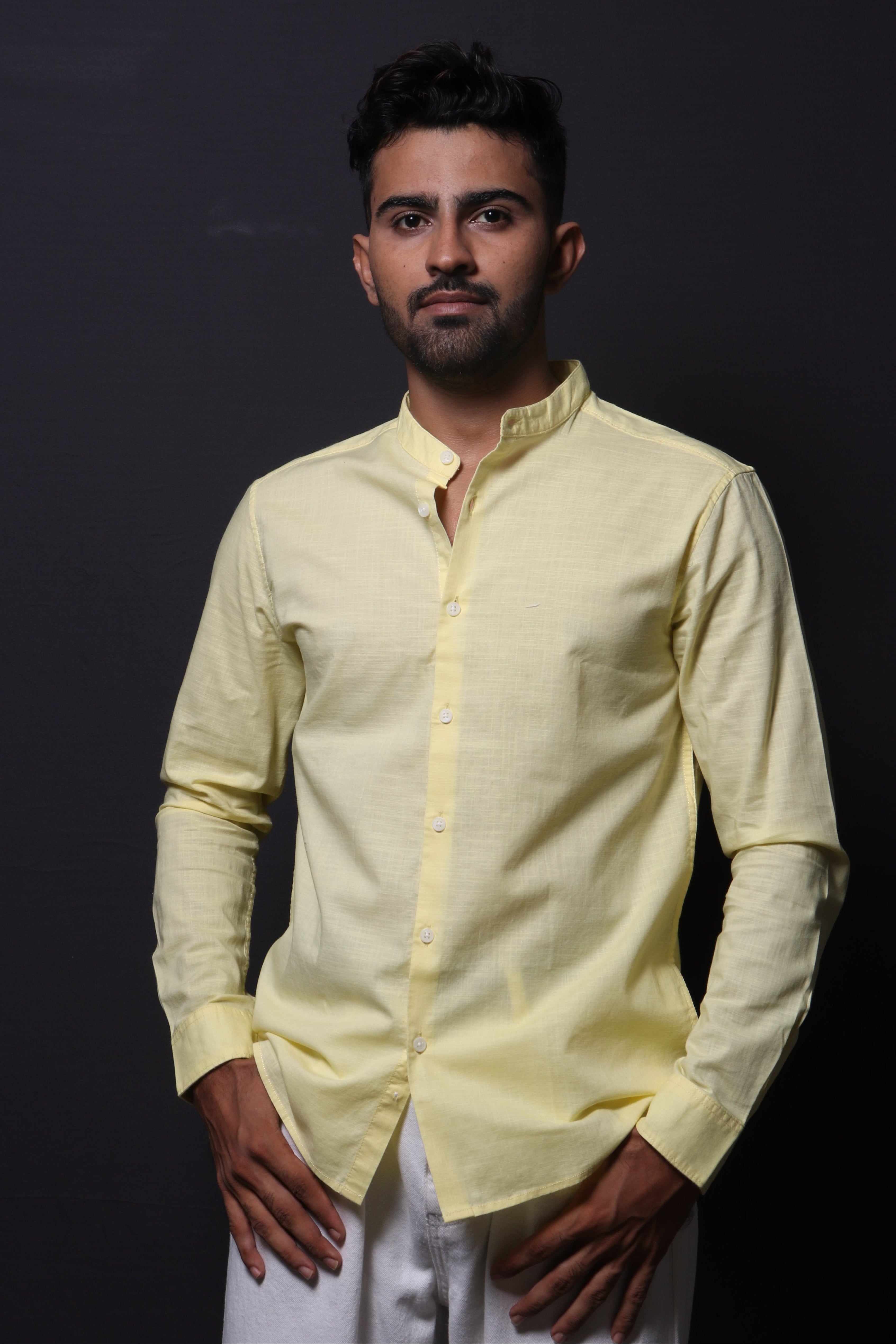 Jonesburg Yellow Slub Mandarin Collar Slim Fit Shirt