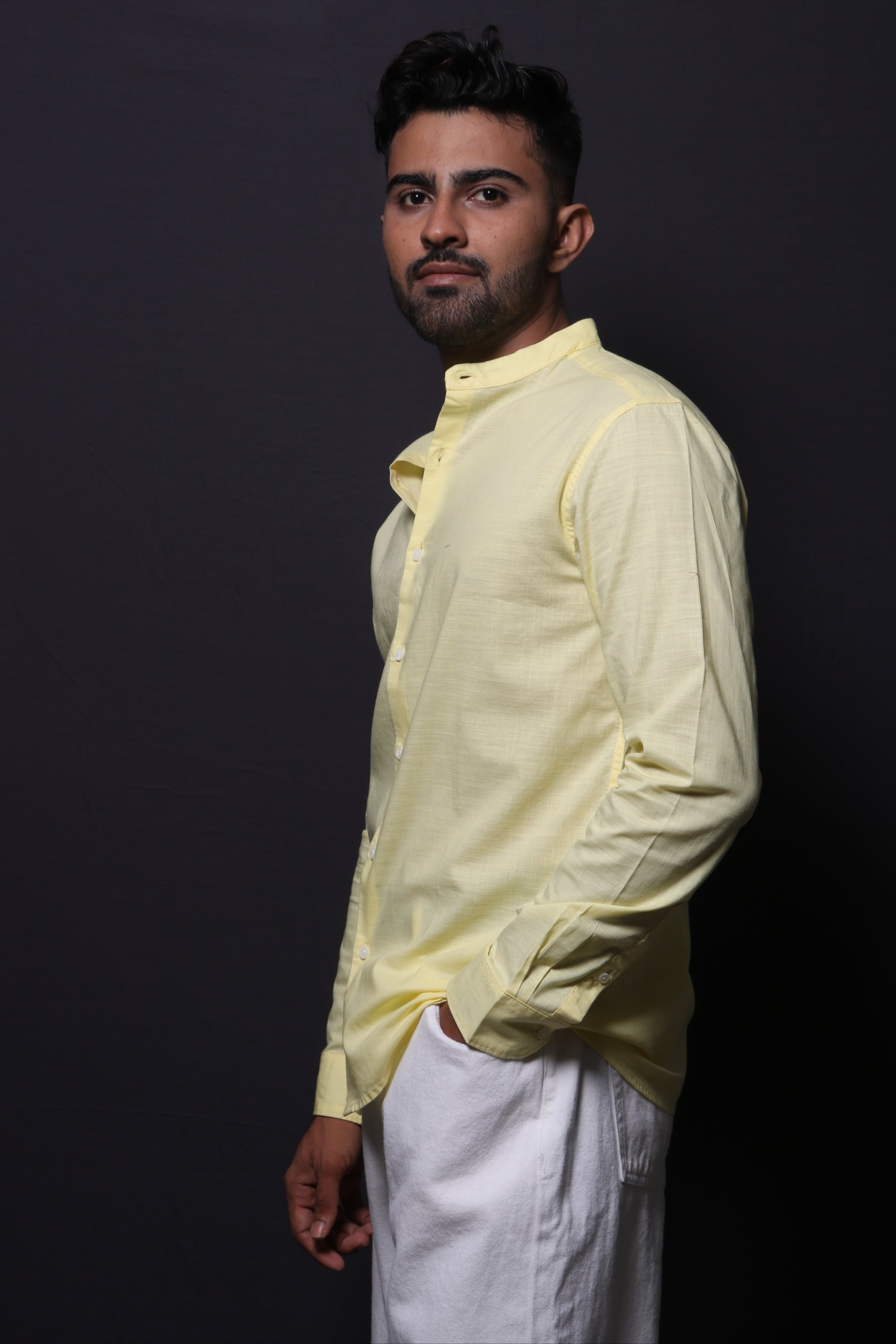 Jonesburg Yellow Slub Mandarin Collar Slim Fit Shirt - M Jonesburg Yellow Slub Mandarin Collar Slim Fit Shirt - M