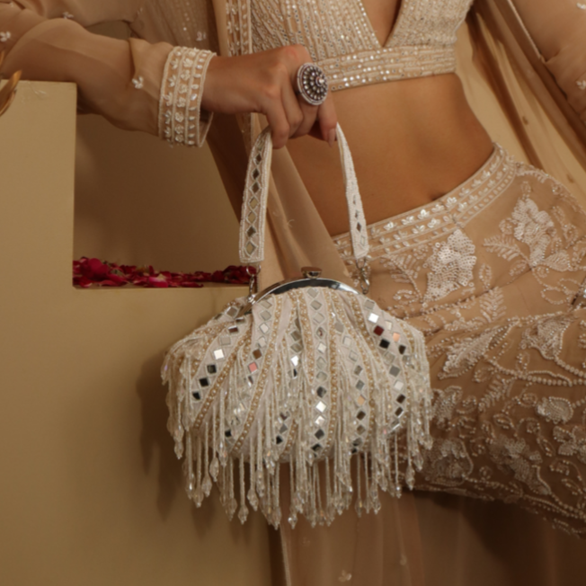 New Stylish Partywear White Mirror Work Potli Bag for Womens by House of Ree - Distacart