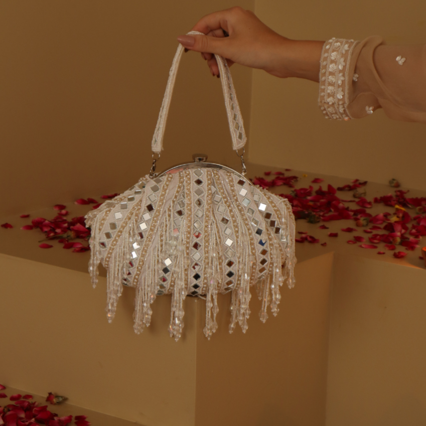 New Stylish Partywear White Mirror Work Potli Bag for Womens by House of Ree - Distacart