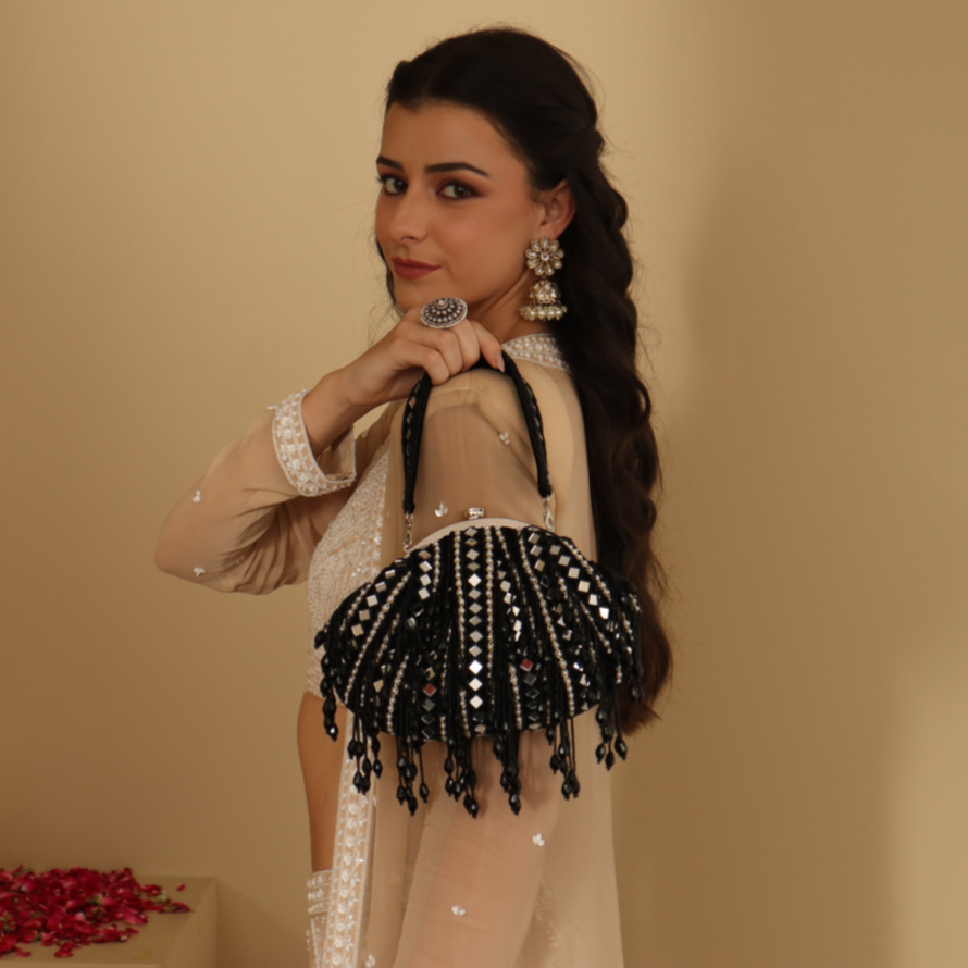 New Stylish Partywear Black Mirror Work Potli Bag for Womens by House of Ree - Distacart