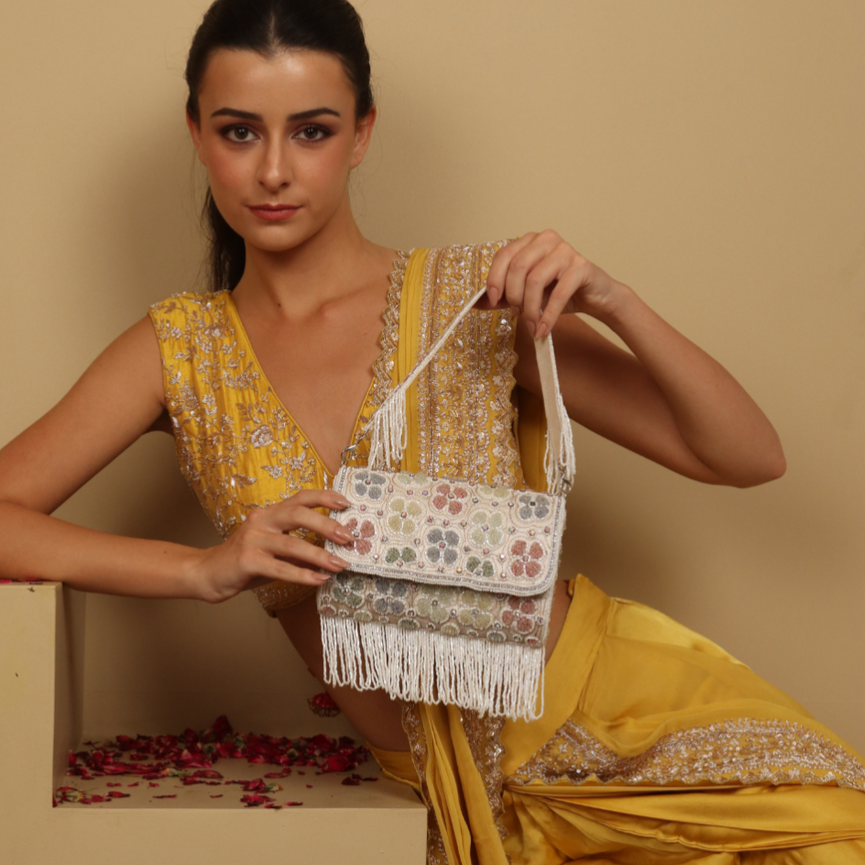 New Stylish Partywear Floral Beaded White Sling Bag for Womens by House of Ree - Distacart