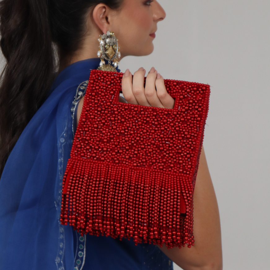 New Stylish Partywear Red Pearl Studded Sling Bag for Womens by House of Ree - Distacart