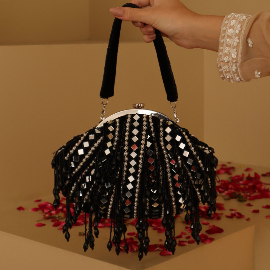 New Stylish Partywear Black Mirror Work Potli Bag for Womens by House of Ree - Distacart