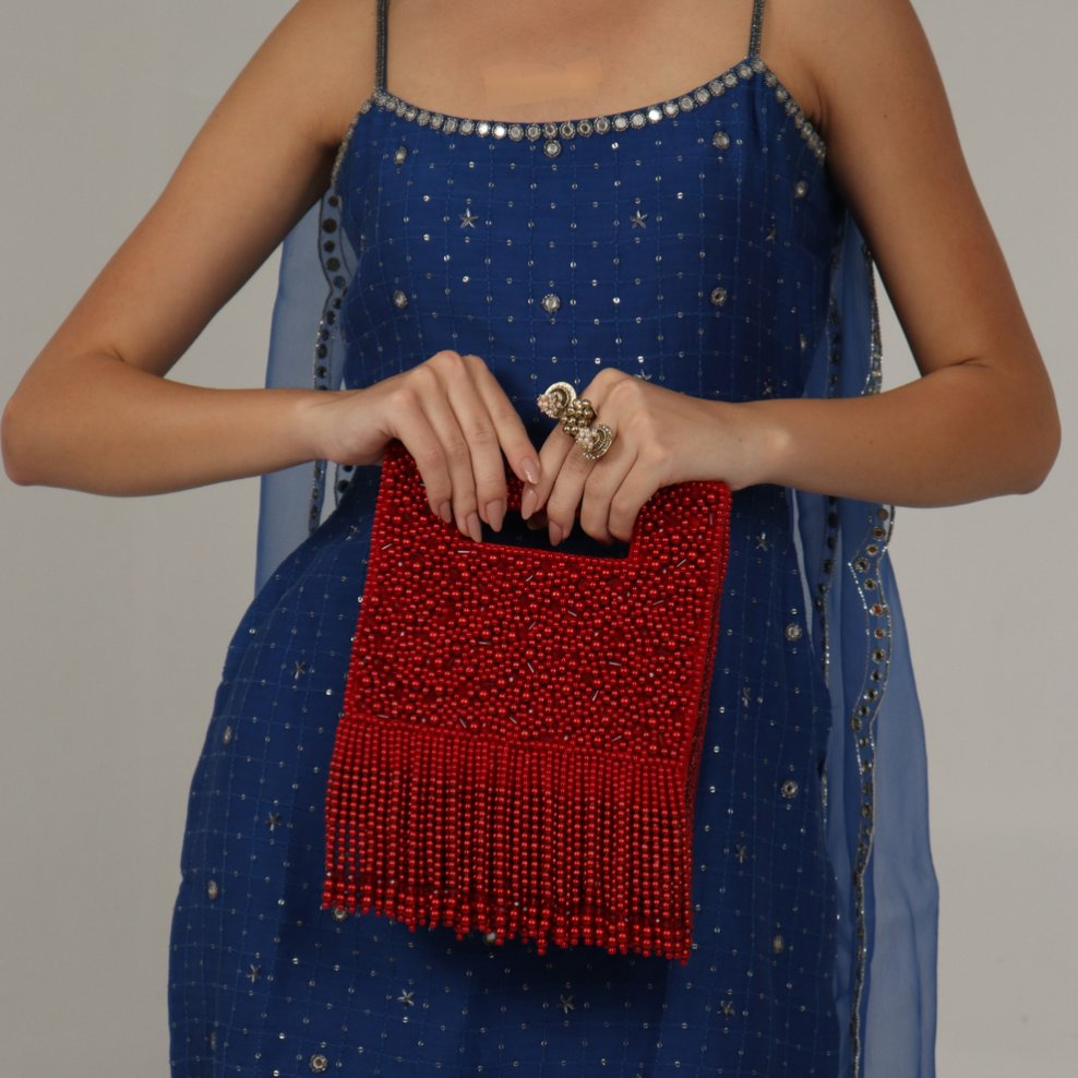 New Stylish Partywear Red Pearl Studded Sling Bag for Womens by House of Ree - Distacart