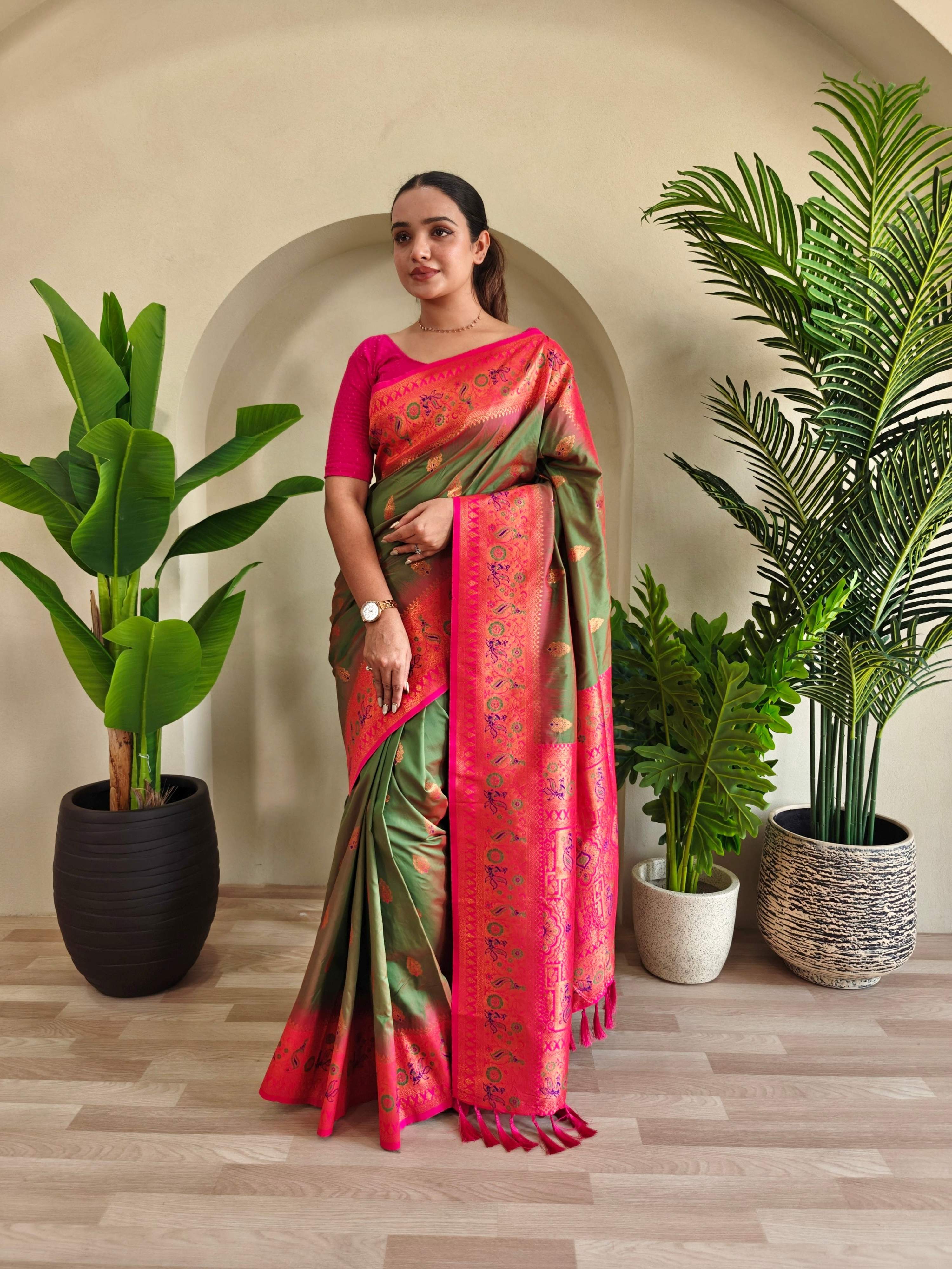 Mameraa Sarees Soft Silk Blend Blend Saree With Zari Weaving Meenakari Design-Mahendi Green - Dista
