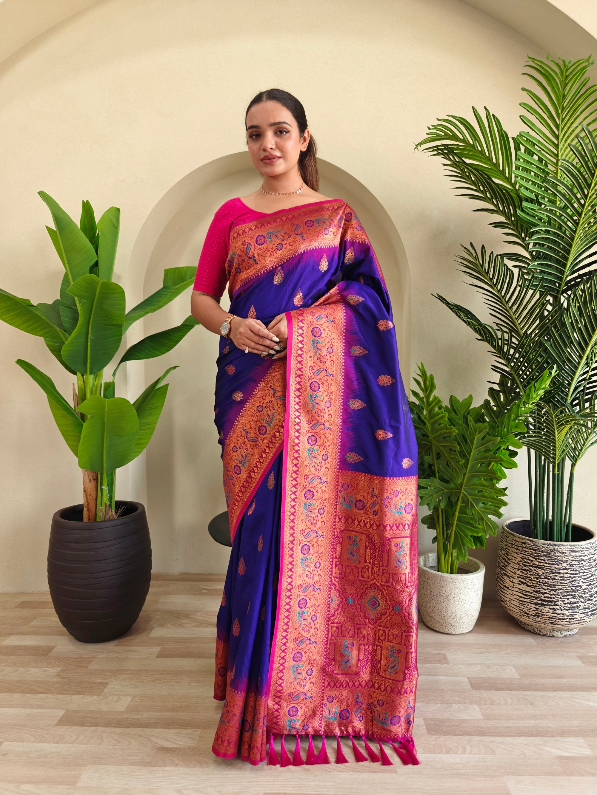 Mameraa Sarees Soft Silk Blend Blend Saree With Zari Weaving Meenakari Design-Violet - Dista