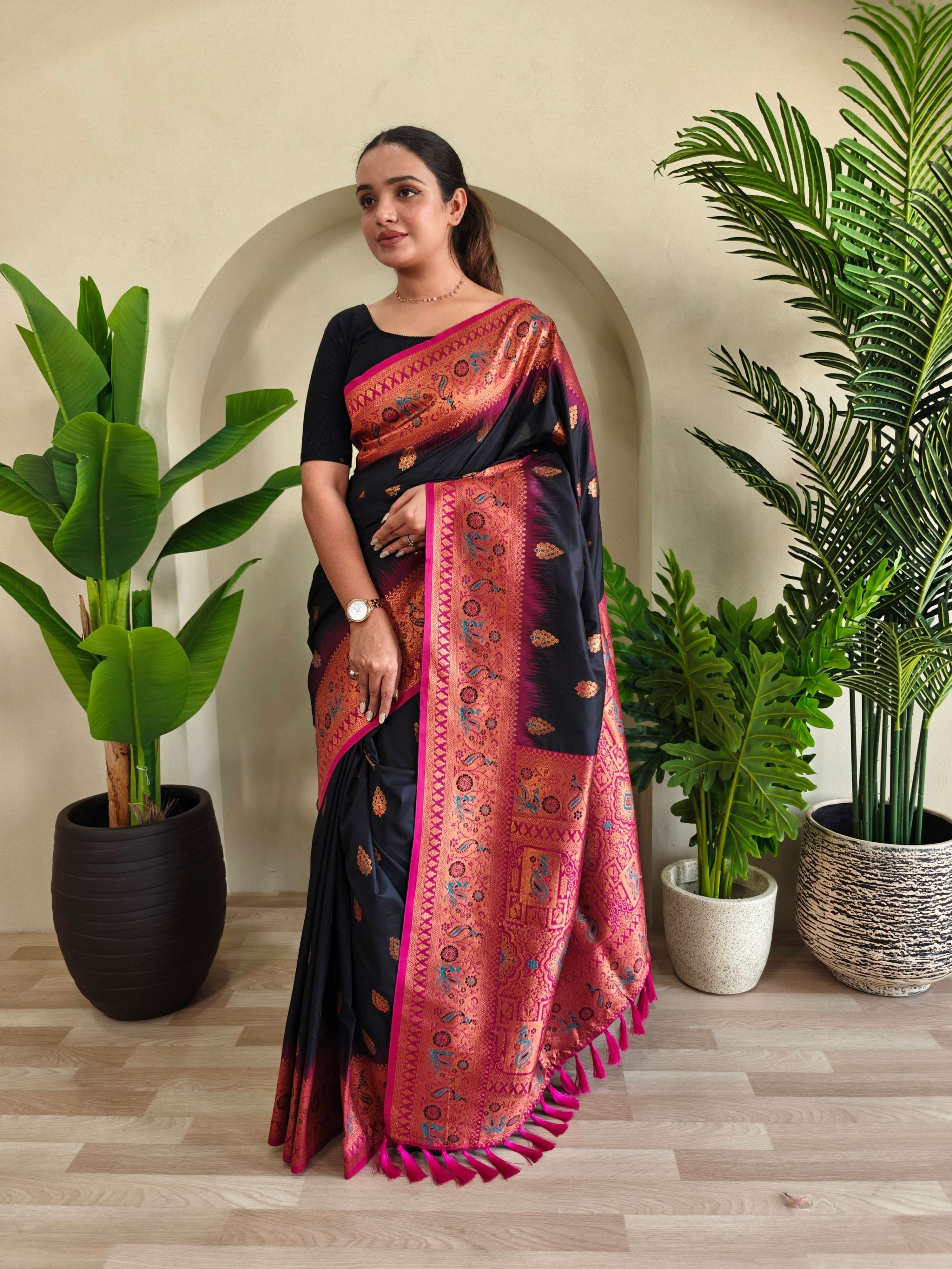 Mameraa Sarees Soft Silk Blend Blend Saree With Zari Weaving Meenakari Design-Black - Dista