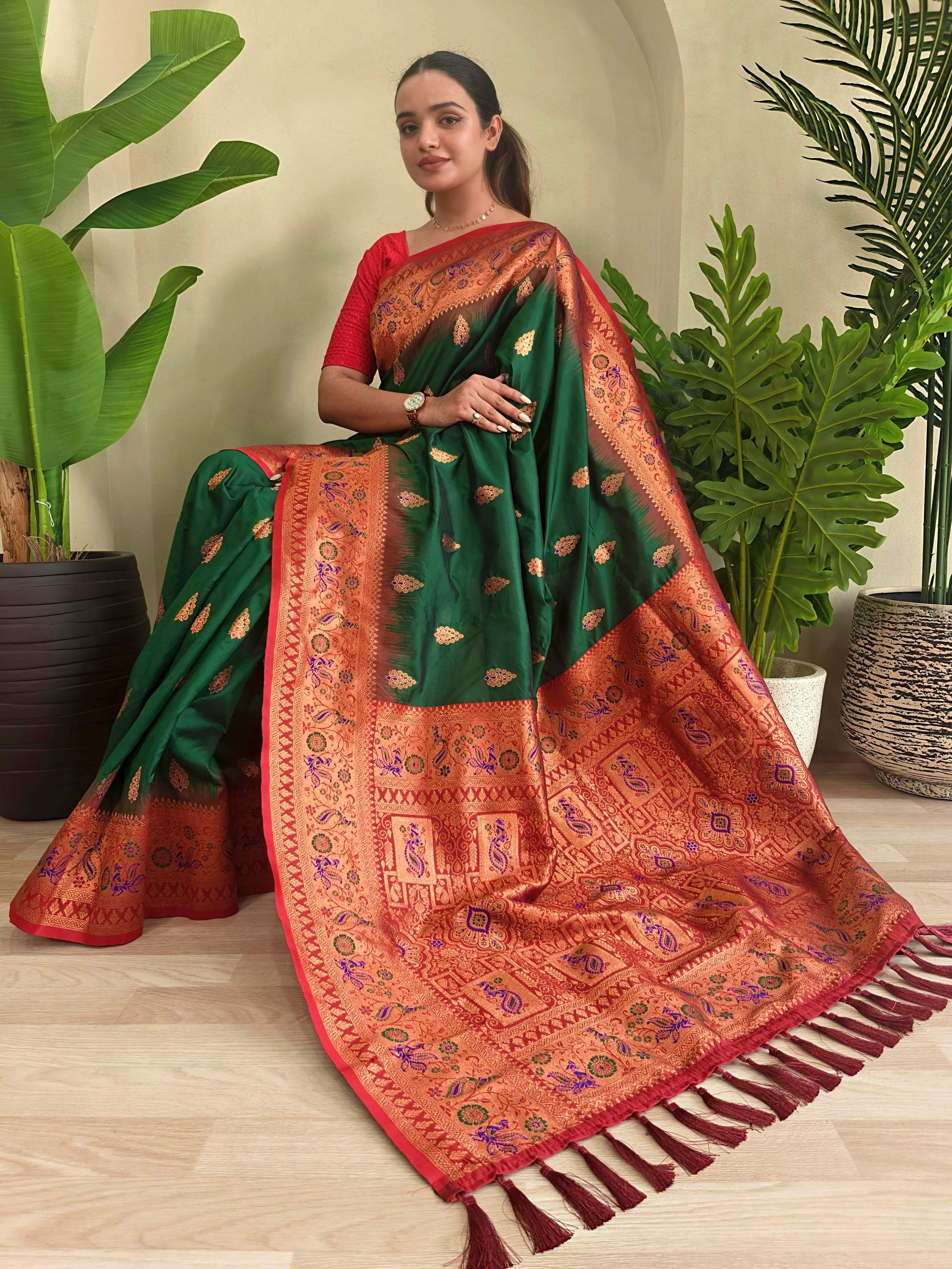 Mameraa Sarees Soft Silk Blend Blend Saree With Zari Weaving Meenakari Design-Green - Dista