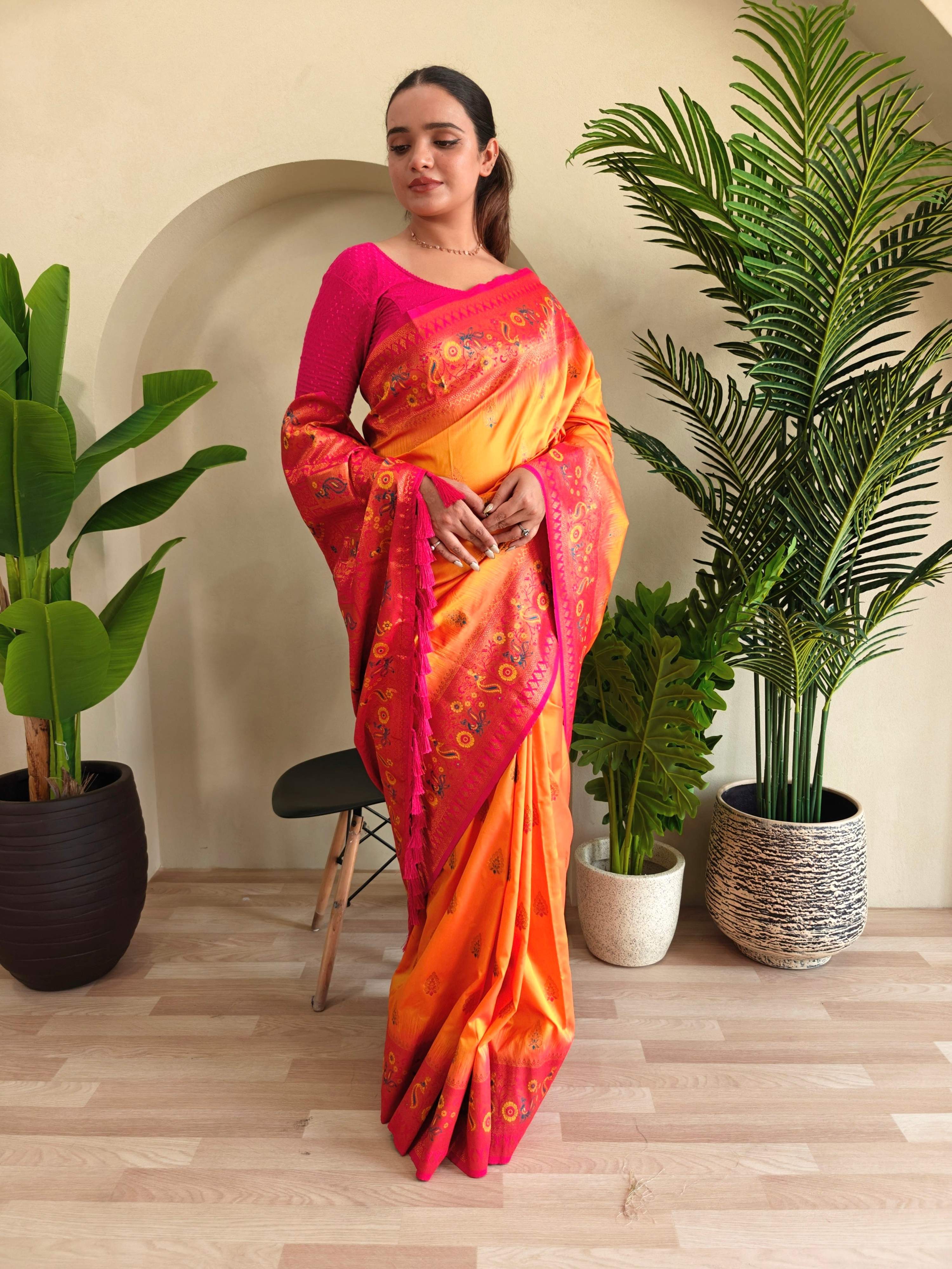 Mameraa Sarees Soft Silk Blend Blend Saree With Zari Weaving Meenakari Design-Yellow - Dista