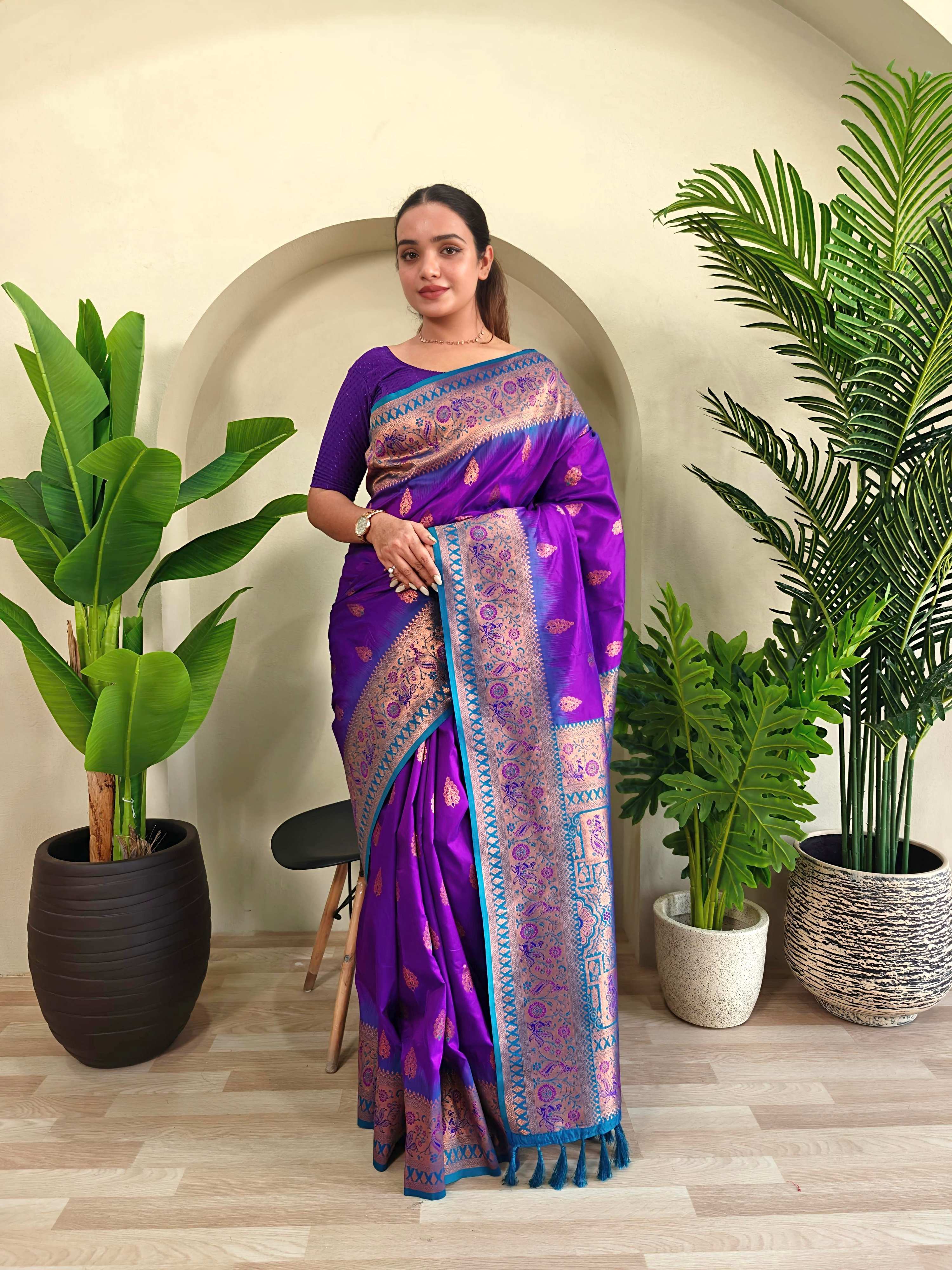 Mameraa Sarees Soft Silk Blend Blend Saree With Zari Weaving Meenakari Design-Purple - Dista