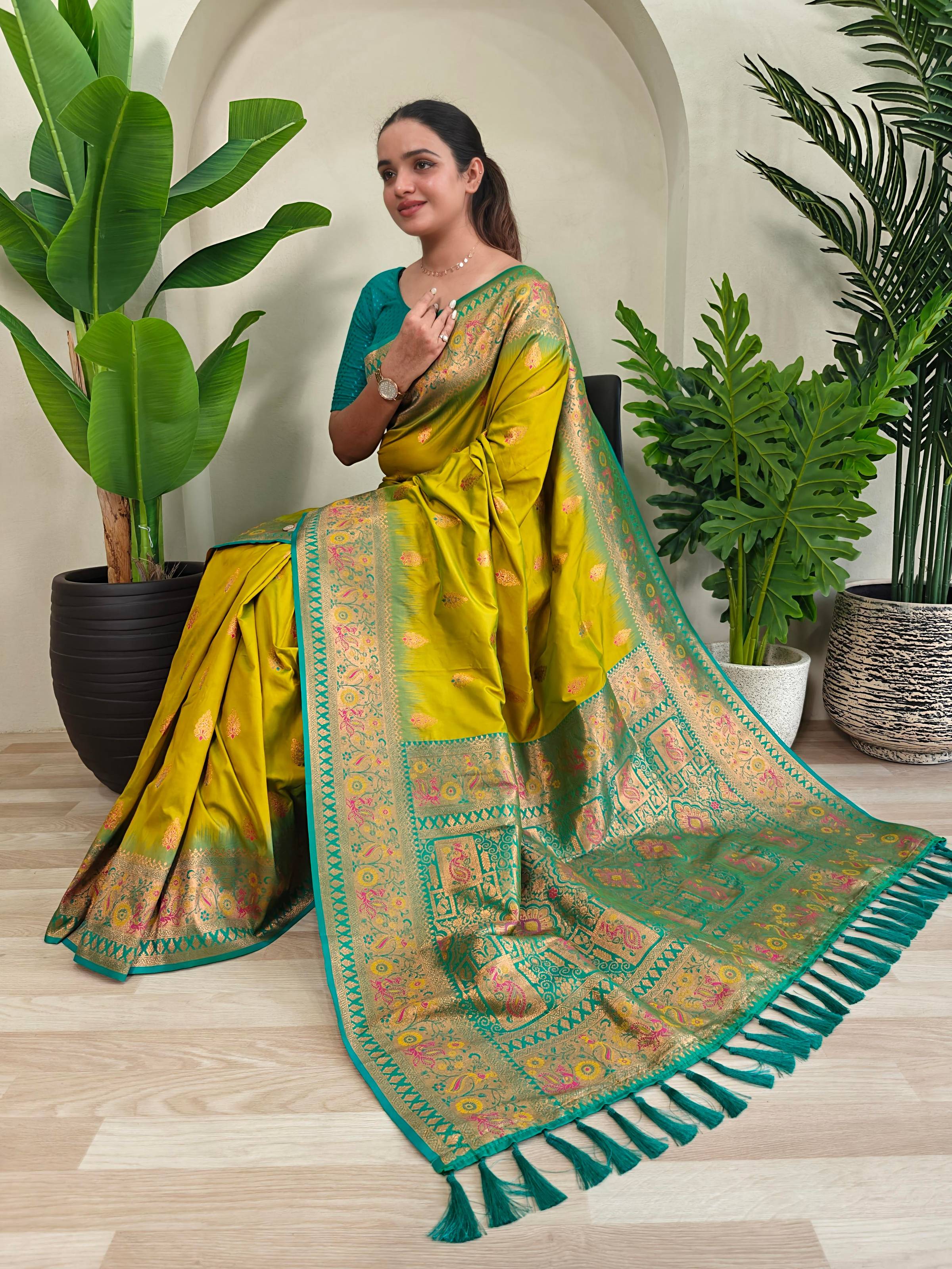 Mameraa Sarees Soft Silk Blend Blend Saree With Zari Weaving Meenakari Design-Lemon Yellow - Dista
