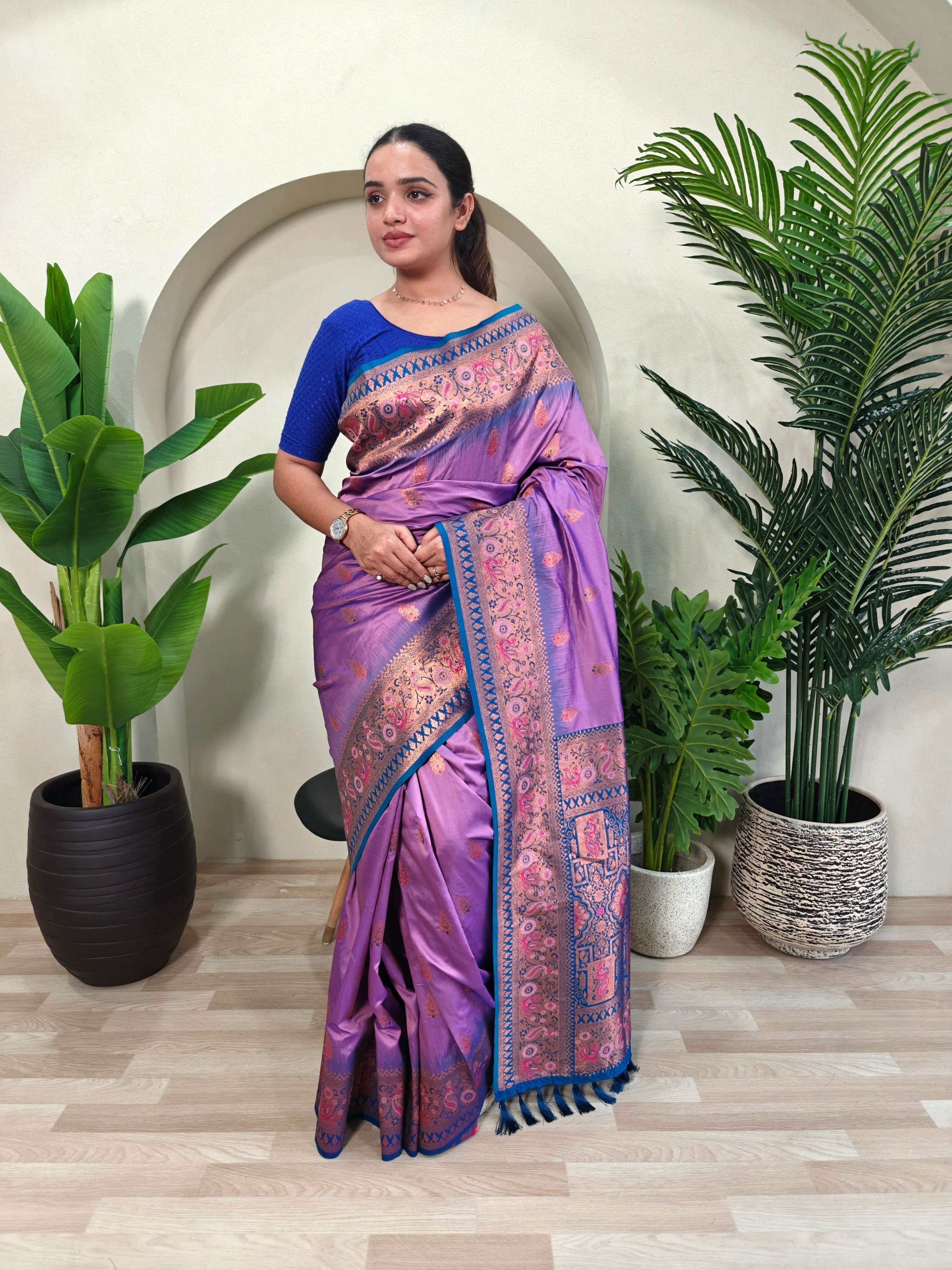 Mameraa Sarees Soft Silk Blend Blend Saree With Zari Weaving Meenakari Design-Lovender - Dista