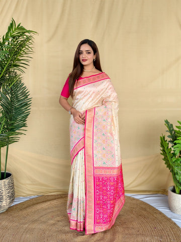 Mameraa Sarees Ivory Soft Silk Saree With Multi Thread Zari Contrast Border And Pallu-Ivory - Dista
