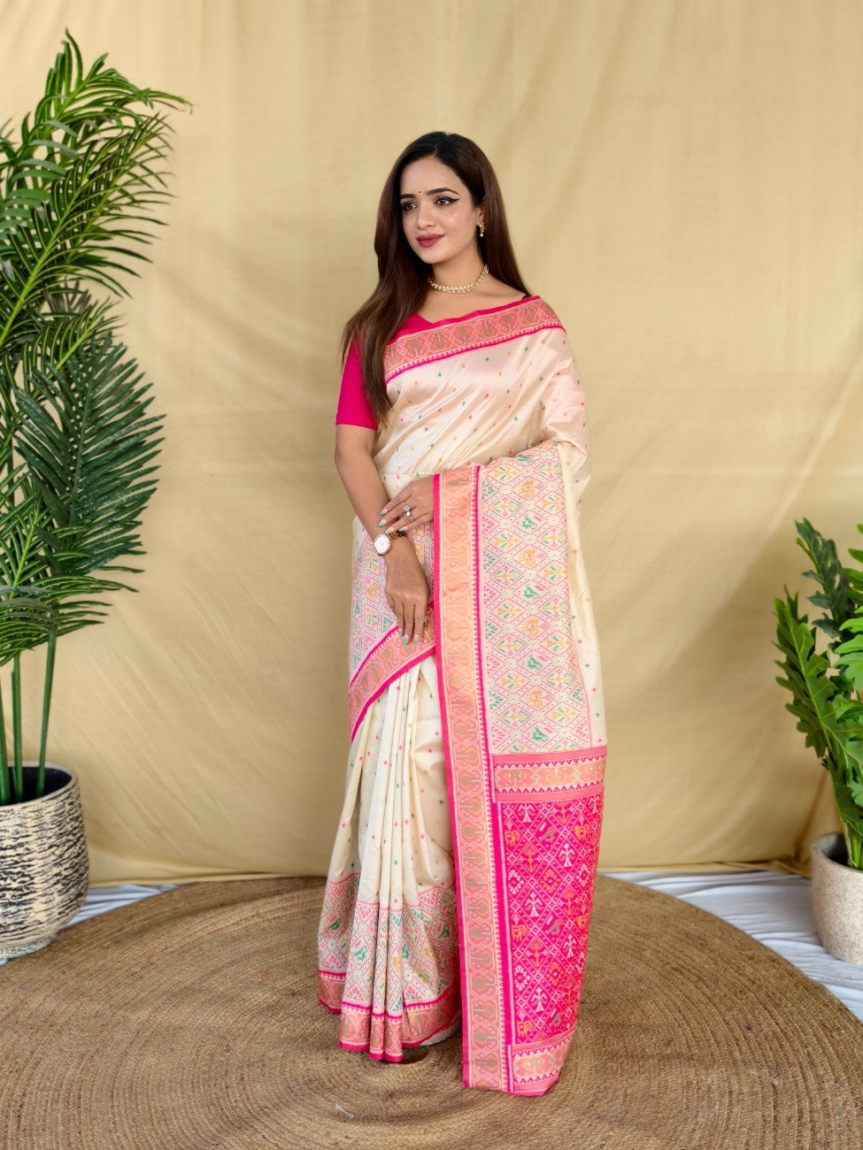 Mameraa Sarees Ivory Soft Silk Saree With Multi Thread Zari Contrast Border And Pallu-Ivory - Dista