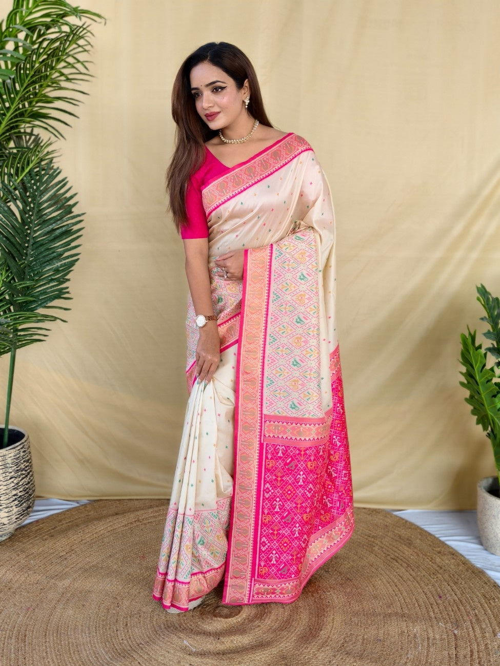 Mameraa Sarees Ivory Soft Silk Saree With Multi Thread Zari Contrast Border And Pallu-Ivory - Dista