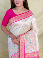 Thumbnail for Mameraa Sarees Ivory Soft Silk Saree With Multi Thread Zari Contrast Border And Pallu-Ivory - Dista