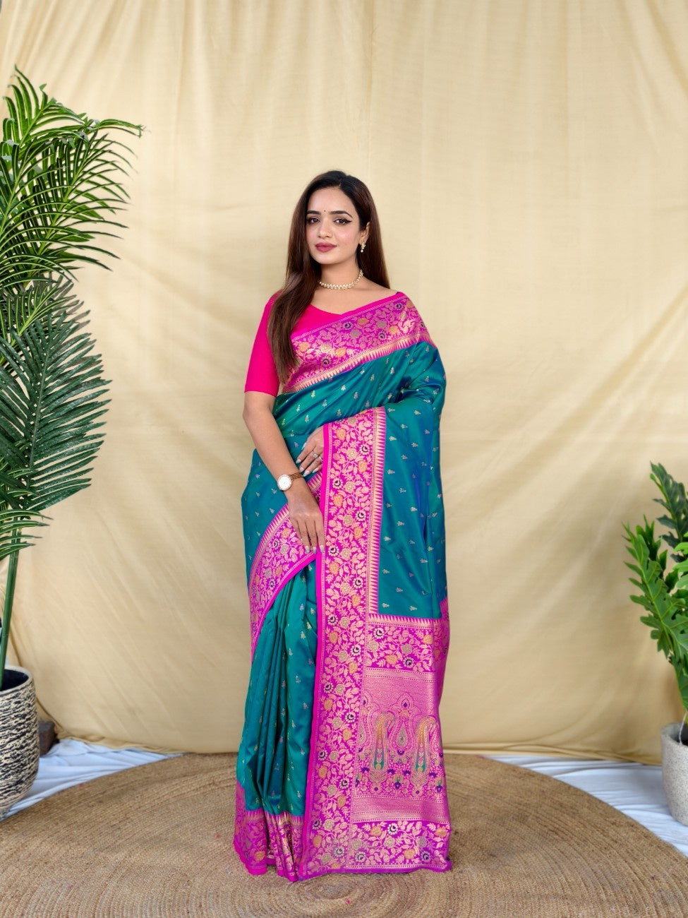 Mameraa Sarees Graceful Teal Green Soft Silk Saree Adorned With Delicate Zari Woven Buttas-Teal - Dista