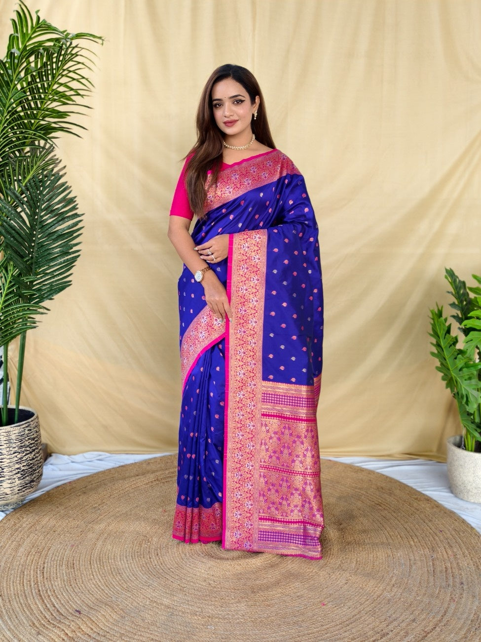 Mameraa Sarees Royal Blue Soft Silk Saree With Zari Woven Border And Contrast Zari Pallu-Royal_Blue - Dista