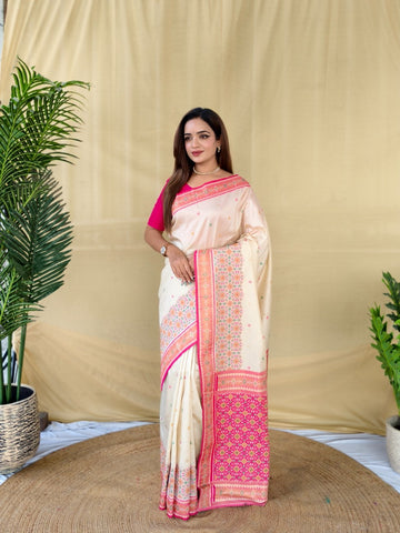 Mameraa Sarees Ivory Soft Silk Saree With Multi Thread Zari Contrast Patola Border And Pallu-Ivory - Dista