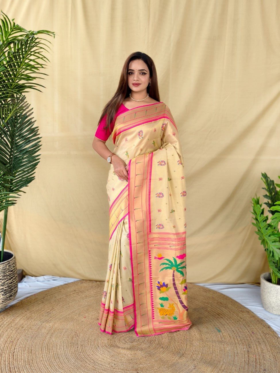 Mameraa Sarees Cream Elegant Tissue Silk Saree-Ivory - Dista