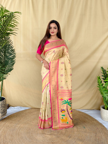 Mameraa Sarees Cream Elegant Tissue Silk Saree-Ivory - Dista