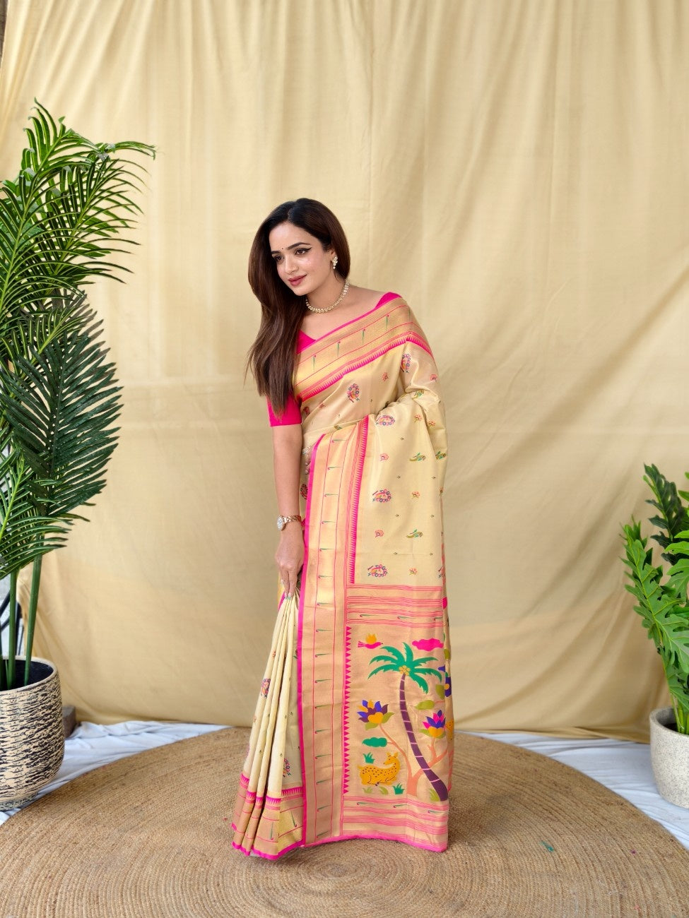 Mameraa Sarees Cream Elegant Tissue Silk Saree-Ivory - Dista