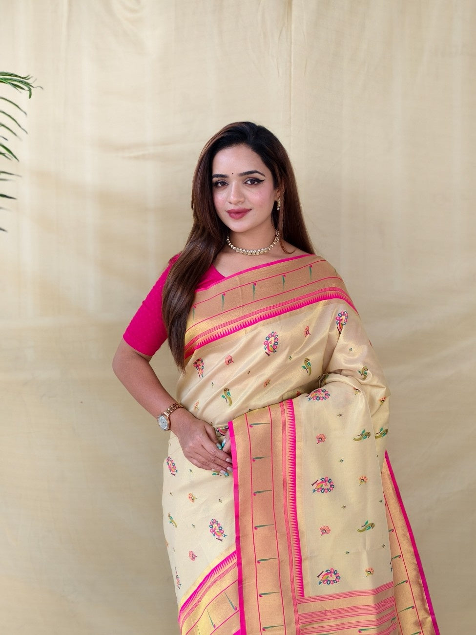 Mameraa Sarees Cream Elegant Tissue Silk Saree-Ivory - Dista