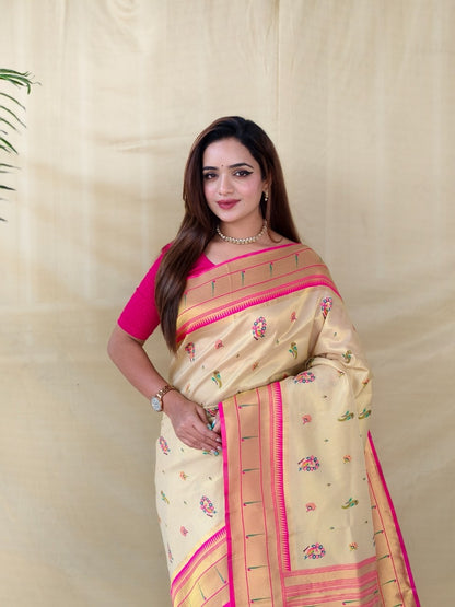 Mameraa Sarees Cream Elegant Tissue Silk Saree-Ivory - Dista
