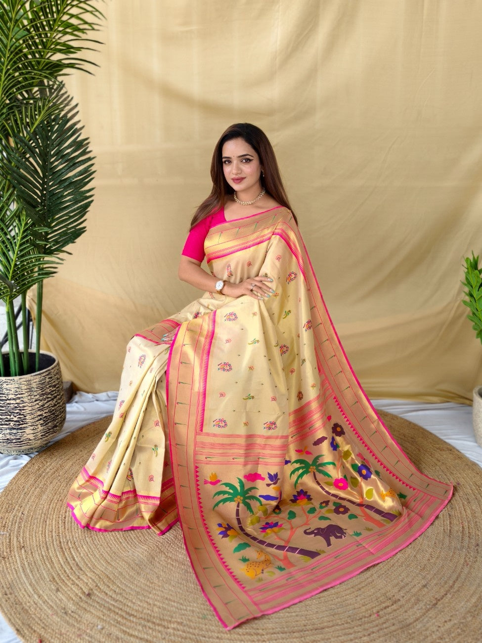 Mameraa Sarees Cream Elegant Tissue Silk Saree-Ivory - Dista