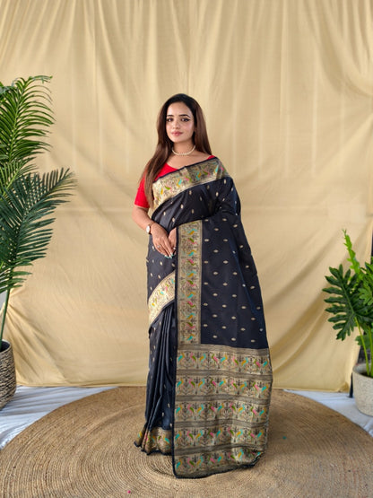 Mameraa Sarees Black Elegance Soft Silk Banarasi Saree-Black - Dista