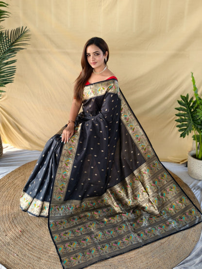 Mameraa Sarees Black Elegance Soft Silk Banarasi Saree-Black - Dista