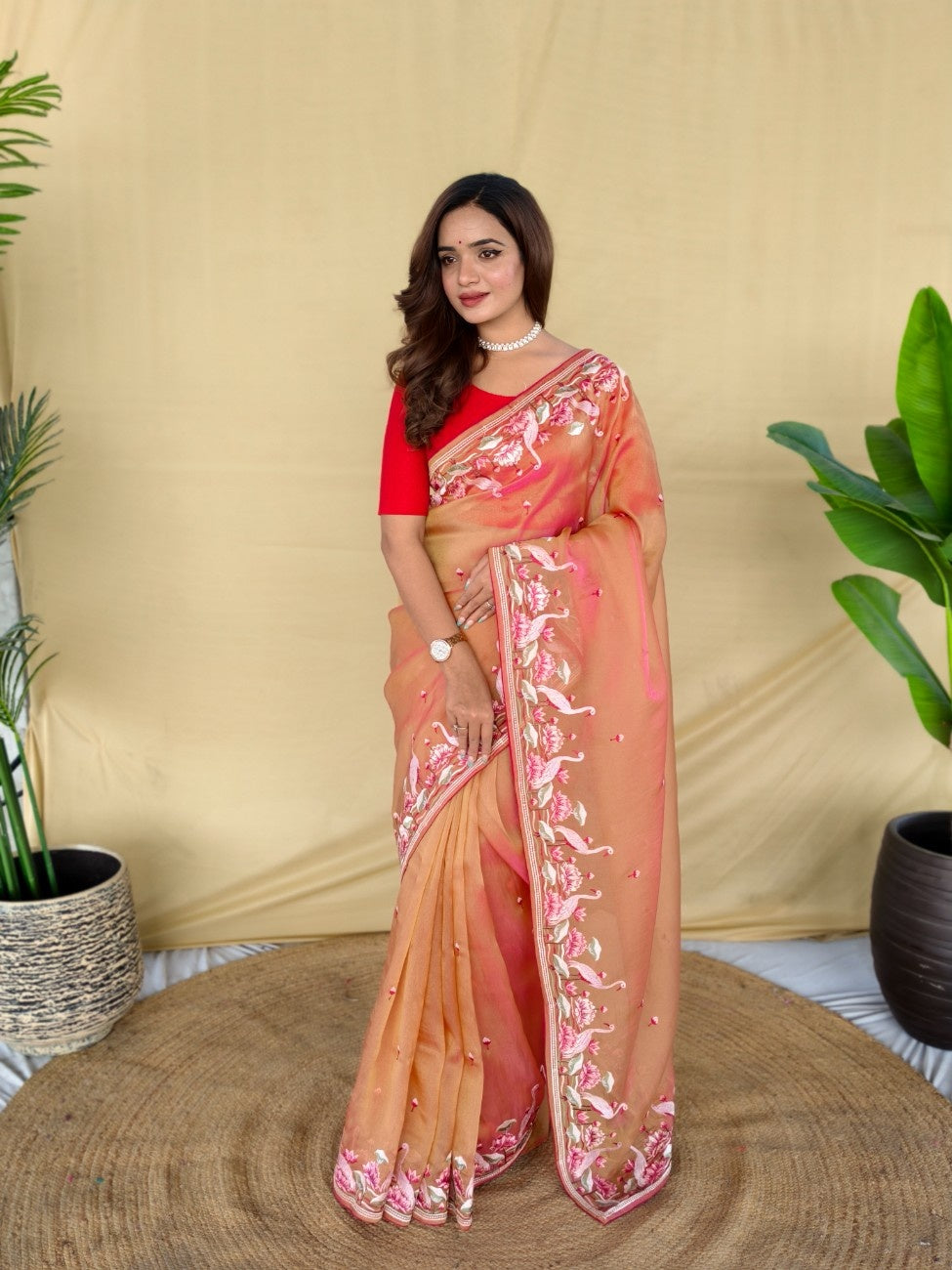 Mameraa Sarees Peach Royal Gabbana Silk Saree Woven In A Shiny Dual-Tone Finish-Peach - Dista