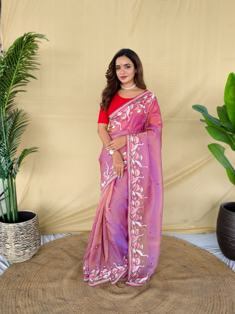 Mameraa Sarees Pink Royal Gabbana Silk Saree Woven In A Shiny Dual-Tone Finish-Pink - Dista