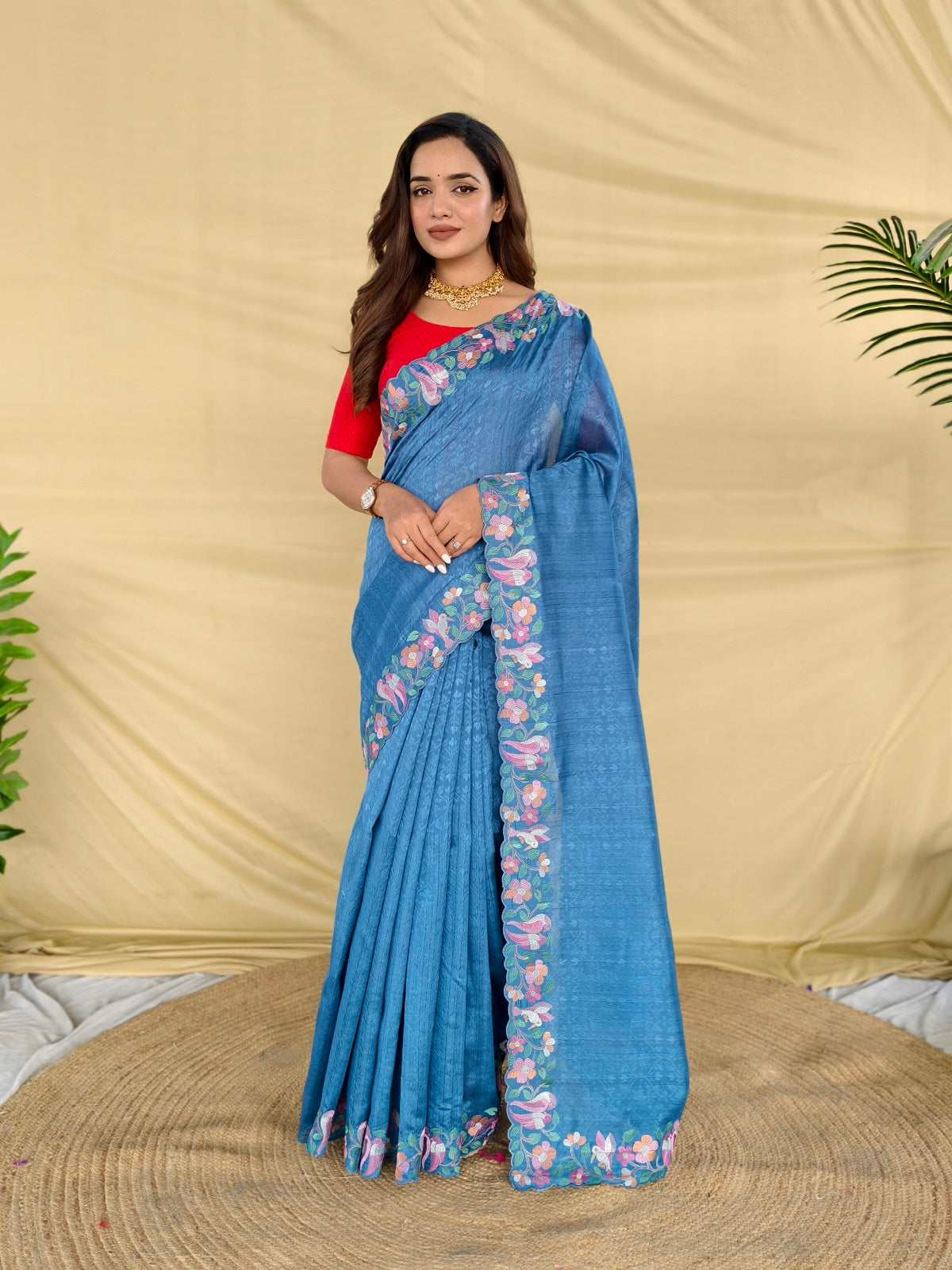 Mameraa Sarees Teal Tussar Saree With Contrast Embroidery With Running Blouse-Teal - Dista